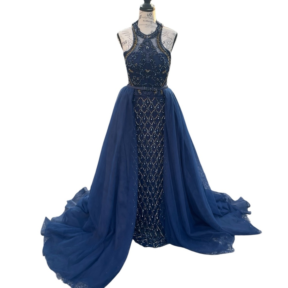 Vienna Prom Navy Beaded, High Neck Gown, Detachable Skirt, Size 8